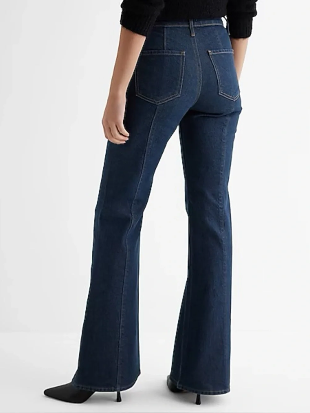 Express Mid Rise Dark Wash Back Center Seam '70s Flare Jeans
